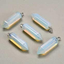 Opalite Opalite Pendants, Hexagon Charms, with 304 Stainless Steel Snap on Bails, Stainless Steel Color, 49~51x13~14x15~16mm, Hole: 7.5x4mm