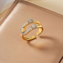 Letter U Элегантные геометрические латунные кольца-манжеты с микропаве из кубического циркония для женщин, золотые, Буква U, 15x12 мм, внутренний диаметр: 17 мм