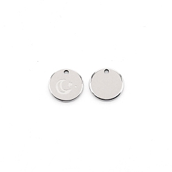 Stainless Steel Color 304 Stainless Steel Pendants, Flat Round with Moon & Star Pattern, Stainless Steel Color, 11.5x1mm, Hole: 1.4mm