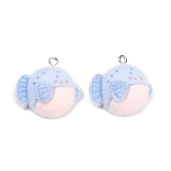 Fish Флокированные подвески из непрозрачной смолы, с железной платиной петлей, голубой, фугу очарование, 22.5x23.5x9.5 мм, отверстие : 2 мм