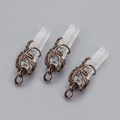 Quartz Crystal Natural Quartz Crystal Pointed Pendants, Rock Crystal Pendants, with Red Copper Plated Brass Findings, Bullet, 57~60x16mm, Hole: 8x5mm
