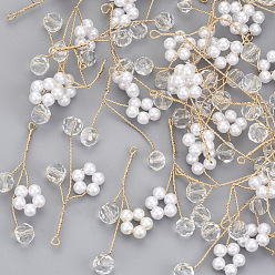 Creamy White ABS Plastic Imitation Pearl Pendants, with Glass and Light Gold Plated Brass Wire, Flower, Creamy White, 42x14~35x6mm, Hole: 1.4~1.8mm
