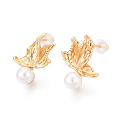 Настоящее золото 18K Серьги-гвоздики из искусственного жемчуга из латуни и АБС-пластика, бабочка, без никеля , реальный 18 k позолоченный, 28.5~29x15 мм