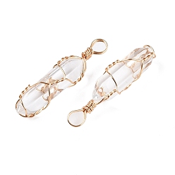 Прозрачный Подвески lampwork, формы пуль, обмотанных медной проволокой, граненые, золотые, прозрачные, 43x10.5x11.5 мм, отверстие : 4~5x5.5 мм