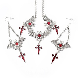 Античное Серебро Летучая мышь из огнеупорной эмали с подвеской в виде креста и серьгами с подвесками, Набор украшений из сплава на тему Хэллоуина для женщин, античное серебро, 530 мм, 118 мм, штифты : 0.6 мм