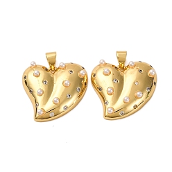 Настоящее золото 18K Латунные микро проложить кубического циркония подвески, сердце, с абс пластмассовой имитационной жемчужиной, без кадмия и без свинца, стойки покрытие, долговечный, реальный 18 k позолоченный, 21x21.5x6 мм, отверстие : 4 мм
