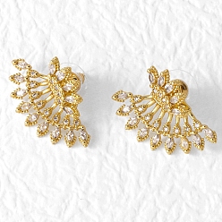 Цветок Женские серьги-гвоздики из латуни с микропаве и прозрачным кубическим цирконием, золотые, цветок, 17x28 мм
