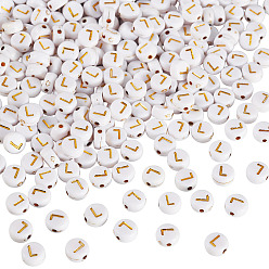 Letter L 500 Uds plateando cuentas de acrílico, metal dorado enlaced, agujero horizontal, plano y redondo con alfabeto, blanco, letra l, 7x3.5 mm, agujero: 1.2 mm