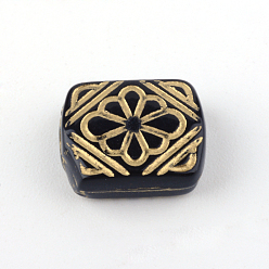 Noir Rectangle avec des perles acryliques fleurs de placage, métal doré enlaça, noir, 12x10x5mm, trou: 1.5 mm, environ 1016 pcs / 500 g