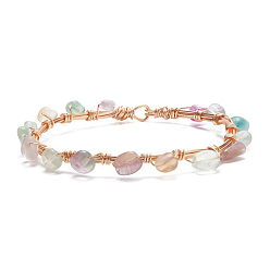 Флюорит Плетеный браслет из бусин из натурального флюорита, ювелирные изделия из драгоценных камней из медной проволоки для женщин, золотой свет, 8-1/8 дюйм (20.6 см)
