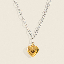 Chapado en Oro Real & Color de Acero Inoxidable Collares de cadena con colgante de corazón de acero inoxidable bicolor para mujer, Chapado en oro real y color acero inoxidable., 304 pulgada (18.11 cm)