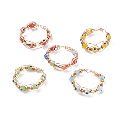 Mixed Color Round Evil Eye Lampwork Braided Bead Finger Ring, Copper Wire Wrap Jewelry for Women, Mixed Color, US Size 8 1/2(18.5mm)