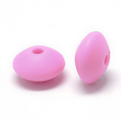 Hot Pink Food Grade Eco-Friendly Silicone Beads, Chewing Beads For Teethers, DIY Nursing Necklaces Making, Rondelle, Hot Pink, 12x6~7mm, Hole: 2mm