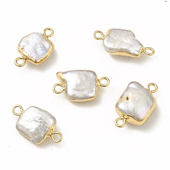 Light Gold Baroque Natural Keshi Pearl Connector Charms, Square Links, with Brass Double Loops, Light Gold, 17~19x10~11x5~8mm, Hole: 1.6mm
