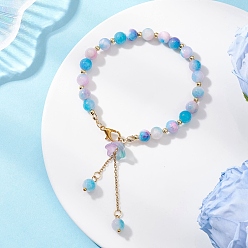 Небесно-голубой Браслеты с подвесками из цветочного стекла и натурального окрашенного персидского нефрита для женщин, 304 цепи из нержавеющей стали, голубой, бусины : 6.5 мм, 7-3/8 дюйм (18.8 см)