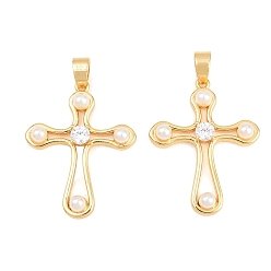 Real 18K Gold Plated Easter Brass Micro Pave Clear Cubic Zirconia Pendants, with ABS Imitation Pearls, Cross Charms, Real 18K Gold Plated, 29.5x23x4.5mm, Hole: 4x3mm