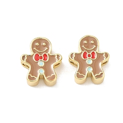 Gingerbread Man Рождественские латунные эмалевые бусины, без свинца и без кадмия, долговечный, реальный 18 k позолоченный, стойки покрытие, Колобок, 15x13x5 мм, отверстие : 2 мм