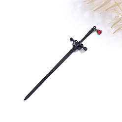 Noir Bâtons à cheveux en alliage de style costume ancien pour femmes, baguettes en épingle à cheveux en forme d'épée en verre, noir, 205x45mm