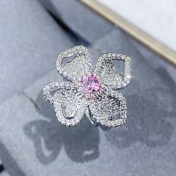 Платина Латунные кольца со стразами для женщин, цветок, платина, размер США 6 (16.5 мм)