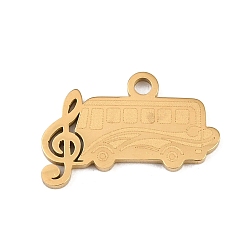Oro 304 colgantes de acero inoxidable, autobús con adornos de notas musicales, pulido a mano, revestimiento de iones (ip), dorado, 13x19x1.4 mm, agujero: 1.8 mm