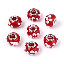 Красный Бусины лэмпворк европейского стиля , ухабистая лампа, с платиновой латуни двойной ядер, бусины с большим отверстием, RONDELLE с цветком, красные, 16x14x10.5 мм, отверстие : 5 мм