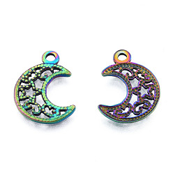 Rainbow Color Ion Plating(IP) 201 Stainless Steel Pendants, Hollow, Moon with Star, Rainbow Color, 19x15x1mm, Hole: 1.8mm