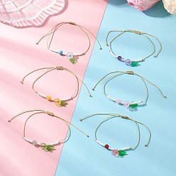 (52) Непрозрачная лаванда 6 Браслеты из натуральных аметистов, карнеола, окрашенного желтого нефрита, зеленого авантюрина, синтетической зеленой бирюзы и стеклянного бисера с цветочным и листовым орнаментом, регулируемые плетеные браслеты шнур, разноцветные, внутренний диаметр: 3.50 дюйм (8.9 см)