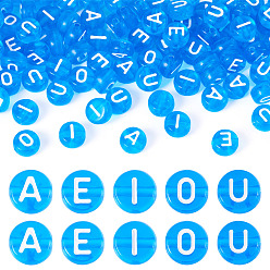 Синий 100 шт 5 стили прозрачные акриловые бусины, плоский круглый с буквой aeiou, синие, 7x3.5 мм, отверстие : 1.6 мм, 20 шт / стиль