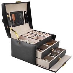 Black 3-Layer Imitation Leather Jewelry Drawer Organizer Box with Handle and Mirror Inside, for Necklaces, Rings, Earrings and Pendants, Rectangle, Black, 18x14x13cm
