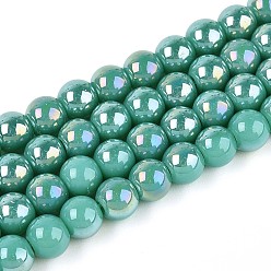 Светлый Морско-зеленый Гальванические непрозрачные стеклянные бусины, круглые, с покрытием AB цвета, светло-зеленый, 6~6.5 мм, отверстие : 0.9 мм, около 67~70 шт / нитка, 14.57~15.16 дюйм (37~37.5 см)
