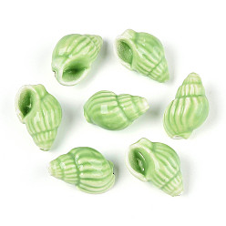 Светло-зеленый Ручной печатный шарики фарфора, форма раковины, яркие глазированный фарфор, светло-зеленый, 20~21x13~14x11.5~12 мм, отверстие : 1.2~1.5 мм
