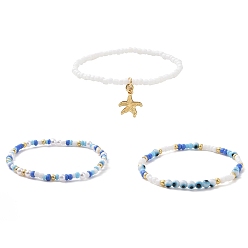 Mixed Color 3Pcs 3 Style Glass Seed & ABS Plastic Pearl & Evil Eye Beaded Stretch Bracelets Set, Brass Starfish Charms Stackable Bracelets for Women, Mixed Color, Inner Diameter: 2 inch(5.2cm), 1Pc/style