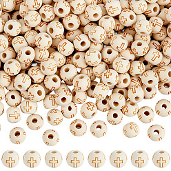 Beige 400Pcs Natural Round Wood Beads, Unfinished Wooden Spacer Beads, with Cross Pattern, Lead Free, Undyed, Beige, 10x8mm