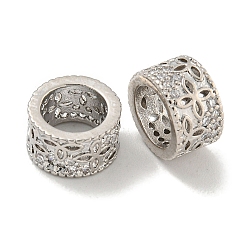 Platinum Rack Plating Brass Micro Pave Clear Cubic Zirconia European Beads, Large Hole Beads, Long-Lasting Plated, Lead Free & Cadmium Free, Flat Round, Platinum, 10x5.5mm, Hole: 7mm