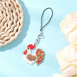Rooster Glass Seed Bead Beaded Charm Mobile Straps, Nylon Cord Loop Mobile Accessories Decoration, Rooster, 95mm