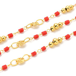 Rot Handgefertigte Perlenketten aus Messing, mit Glasperlen, Cadmiumfrei und Nickel frei und Bleifrei, mit Spule, ungeschweißte, golden, rot, 0.5~7x2~4 mm, ca. 32.81 Fuß (10 m)/Rolle