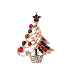 Colorful Christmas Tree Alloy Rhinestone Brooches, Enamel Pins, Light Gold, Colorful, 45x34mm