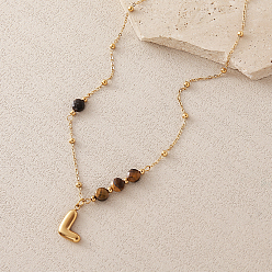Letter L European Faceted Natural Tiger Eye 304 Stainless Steel Alphabet Pendant Necklaces, Golden, Letter L, 18.90 inch(48cm)