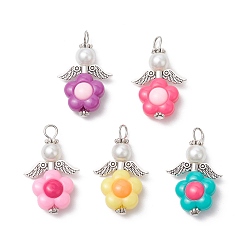 Античное Серебро Акриловые подвески в виде ангелов, цветок, со стеклянным жемчугом и сплавом в тибетском стиле, античное серебро, 33.5x23.5x9 мм, отверстие : 3.5 мм