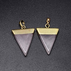 Розовый Кварц Природного розового кварца подвески, с фурнитурой латунной золотого тона, треугольные, 30~35x23~28x5 мм, отверстие : 8x5 мм