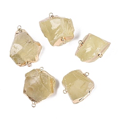 Лимонный Нефрит Необработанные грубые натуральные лимонные нефритовые самородки (обработанные термически) в виде соединительных подвесок, звенья из латуни с драгоценными камнями в оправе, золотой свет, 28~48x21~37x16~30 мм, отверстие : 1~2 мм