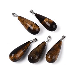 Тигровый глаз Природных тигровый глаз подвески, слезинки, с 201 защелкой из нержавеющей стали на поручнях, цвет нержавеющей стали, 32.5~36x12~12.5 мм, отверстие : 5.5x2.5 мм