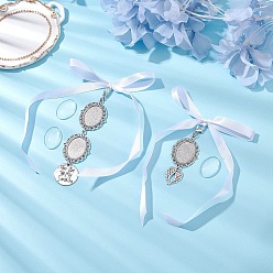 Античное Серебро Овальный сплав свадебный букет подвесные украшения, с бантом из полиэстеровой ленты и стеклянными кабошонами, античное серебро, 79~120 мм