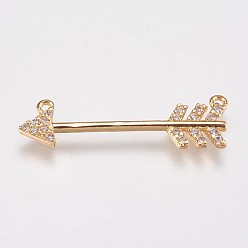 Golden Brass Micro Pave Cubic Zirconia Pendants, Arrows, Golden, 7x25x2mm, Hole: 0.8mm