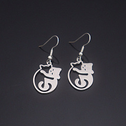 Stainless Steel Color 304 Stainless Steel Dangle Earrings for Women, Cat Shape, Stainless Steel Color, 43x16.6mm