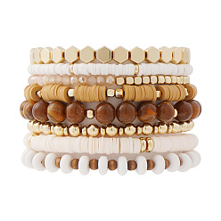 Сиена 8Набор из тянущихся браслетов из полимерной глины heishi и ccb с пластиковыми и стеклянными бусинами для женщин, цвет охры, 6-3/4 дюйм (17 см)