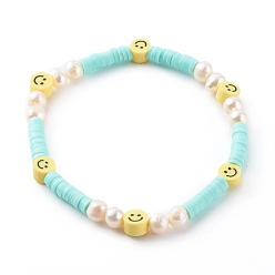 Голубой Браслеты хейши из полимерной глины ручной работы стрейч из бисера, с натуральным жемчугом, улыбающееся лицо, голубой, внутренний диаметр: 2-1/8 дюйм (5.5 см)