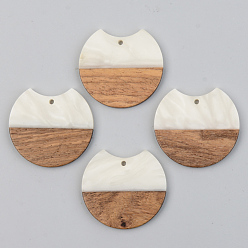 Floral White Opaque Resin & Walnut Wood Pendants, Gap Flat Round, Floral White, 34x36.5x3mm, Hole: 2mm