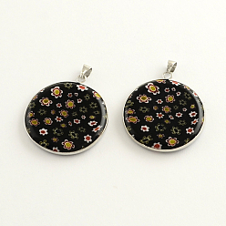 Черный Стеклянные подвески миллефиори, латунная фурнитура с платиновым покрытием, плоско-круглые, чёрные, 34x30x4 мм, отверстие : 4 мм