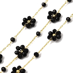 Черный Латунные цепи с цветочными звеньями, со стеклом, стойки покрытие, долговечный, без свинца и без кадмия, несварные, с катушкой, реальный 18 k позолоченный, чёрные, 2.8x0.9x0.3 мм